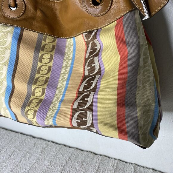 Fossil Logo Leather And Fabric Shoulder Tote Bag Purse Key‎ Multicolor Y2K - Picture 3 of 14